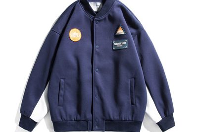 Badge embroidery stitching contrast color loose varsity jacket (2)