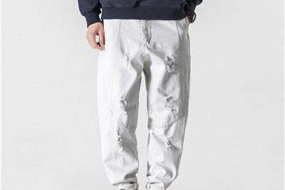 Trendy personality stitching ripped washed white jeans (4)