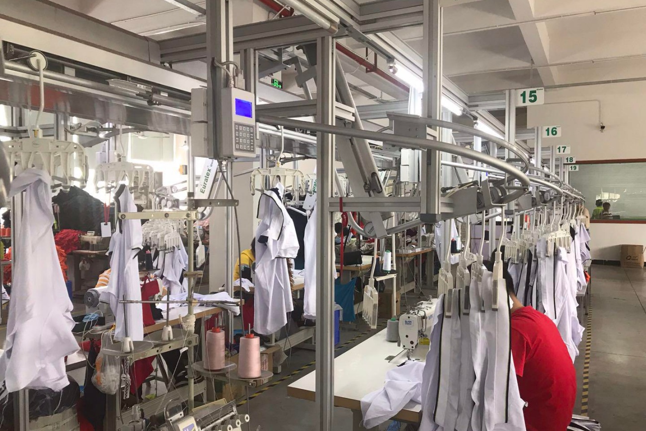 Varsity Jacket Overhead Sewing Production Line