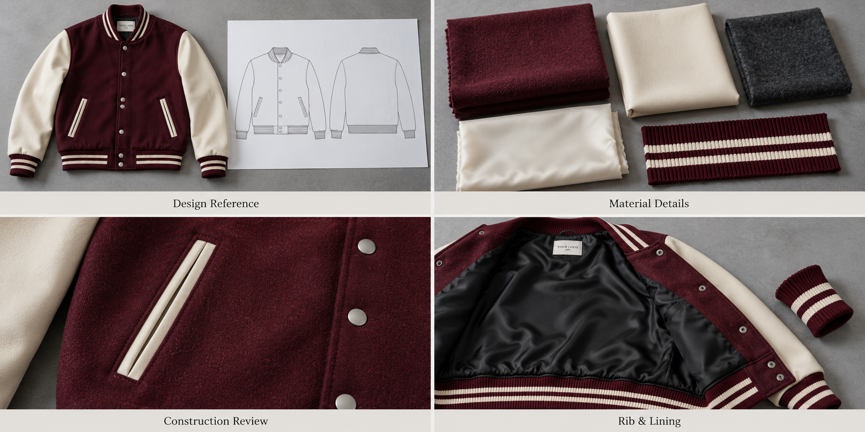 Burgundy varsity jacket design references, fabric samples, trims and lining.