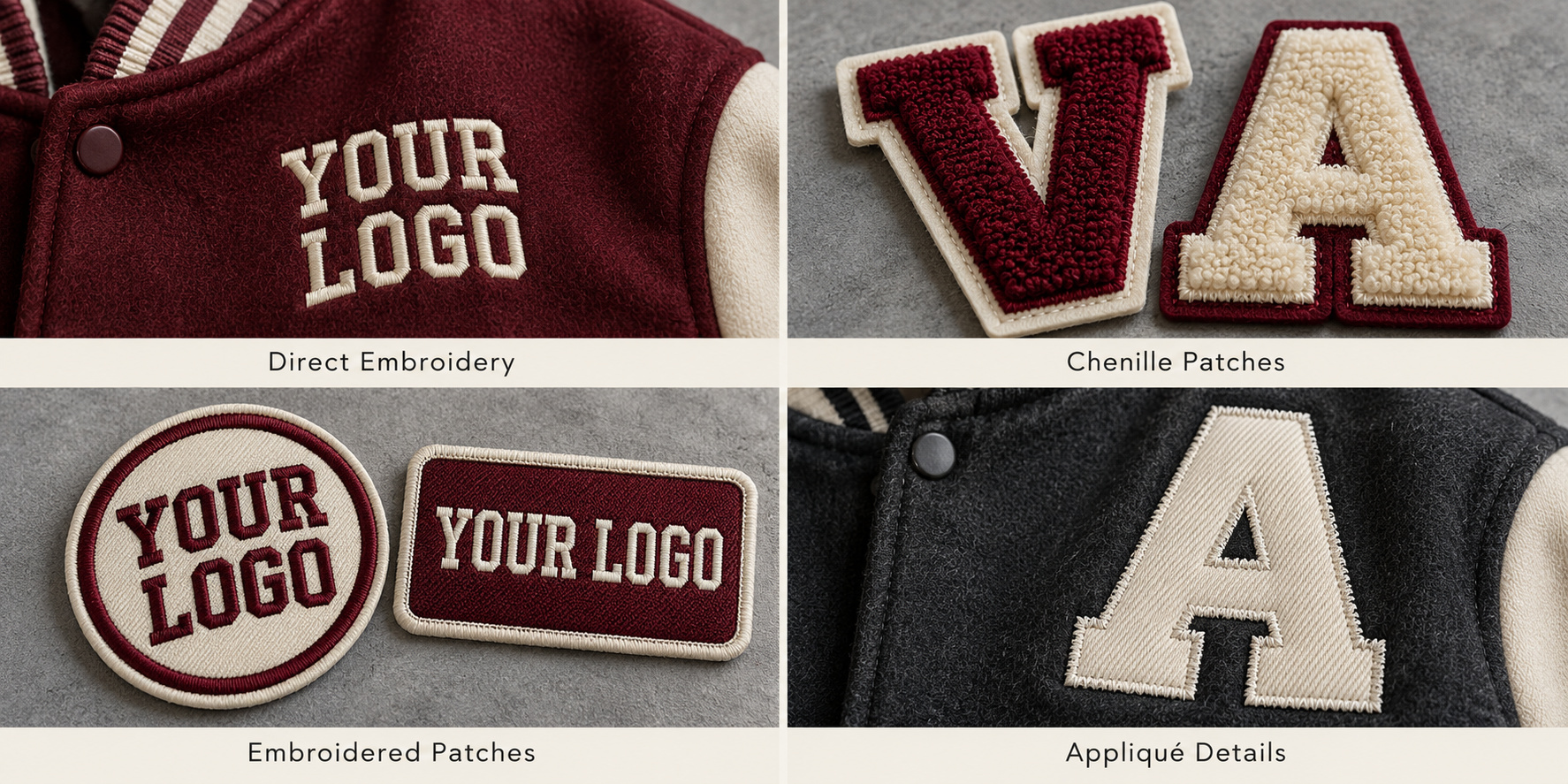 Burgundy varsity jacket embroidery, custom patches and appliqué stitching.