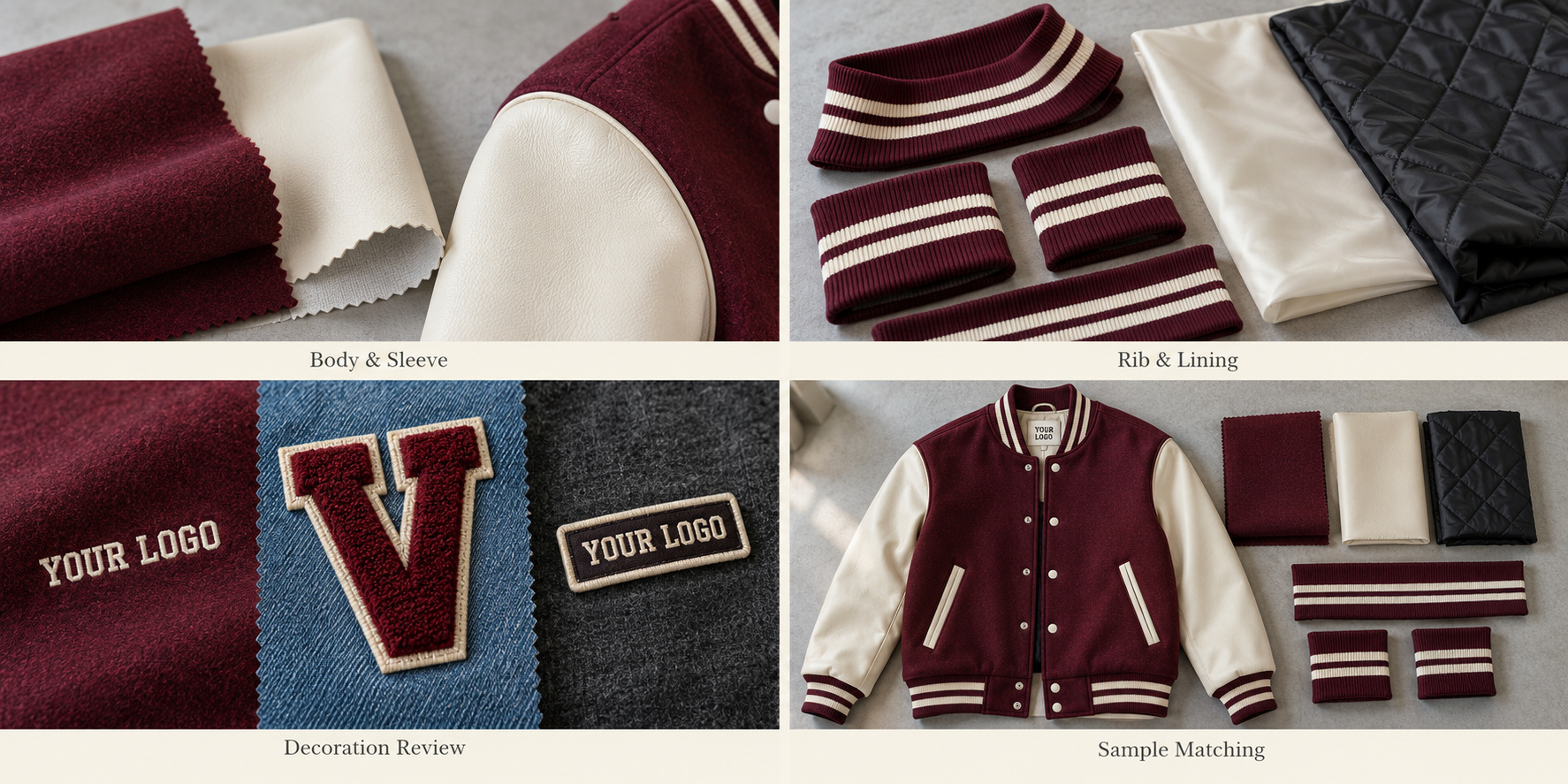 Burgundy varsity jacket fabrics, sleeve materials, patches and lining.