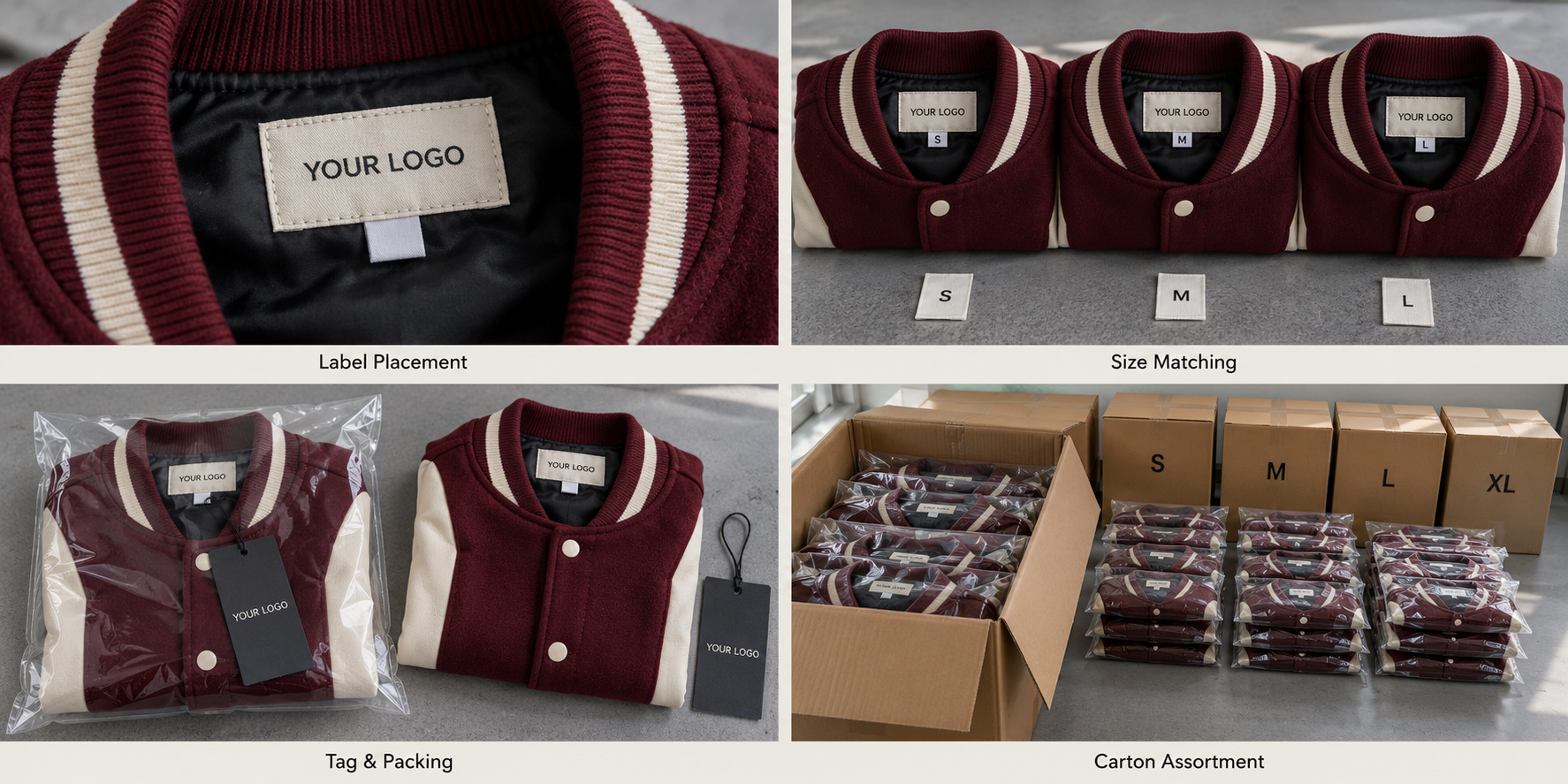 Burgundy varsity jacket label placement, individual packing and size-sorted cartons.