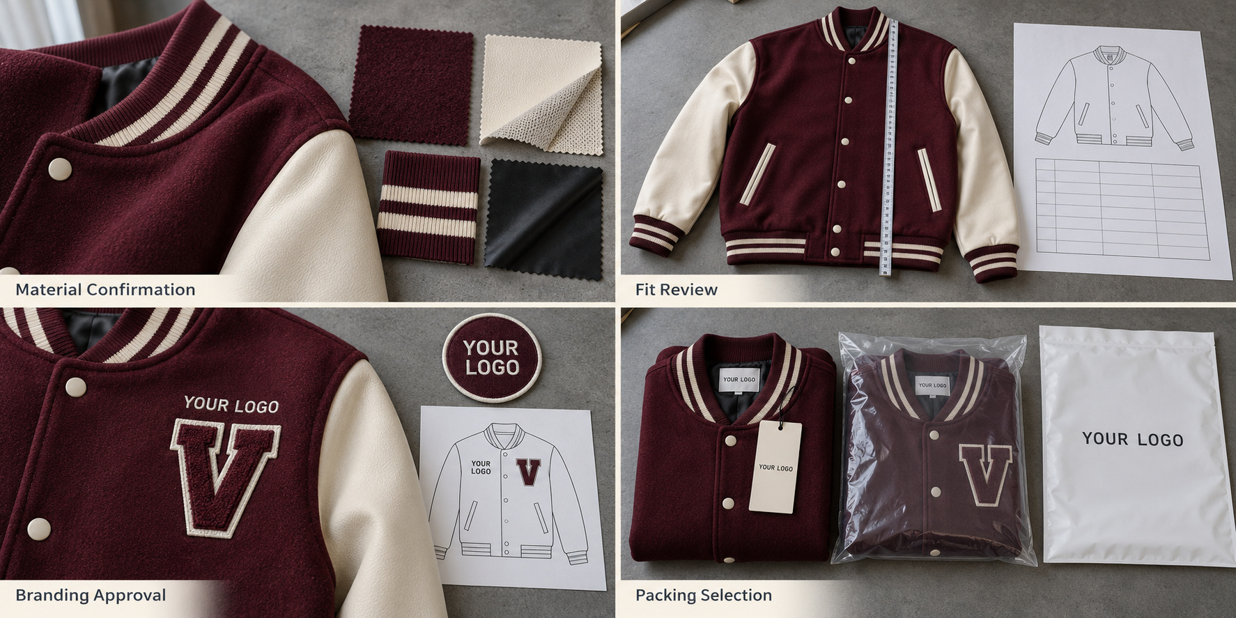 Burgundy varsity jacket material, sizing, patch and packing confirmation.