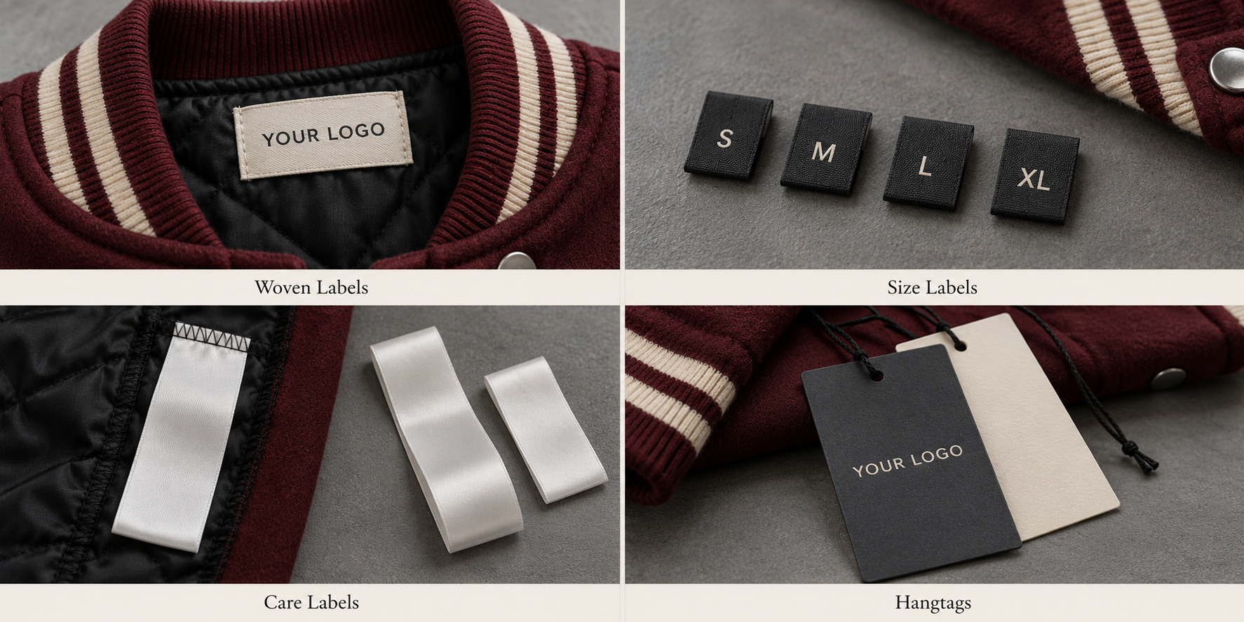Burgundy varsity jacket neck label, size tabs, blank care labels and hangtags.