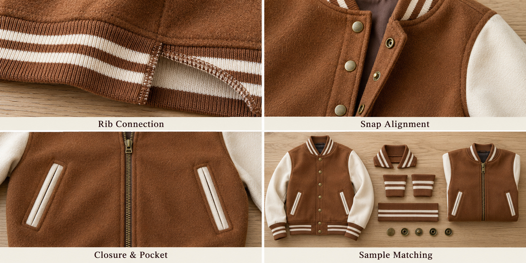 Caramel varsity jacket rib connections, snaps, closures and matching trims.