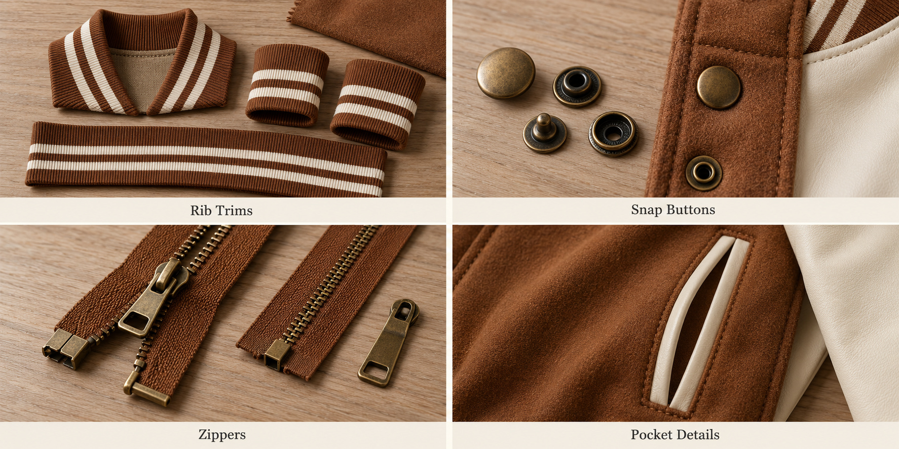 Caramel varsity jacket rib trims, brass snaps, zippers and pocket details.