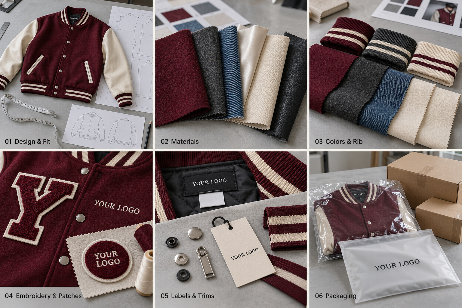 Custom varsity jacket development from design and materials to branding and packaging.