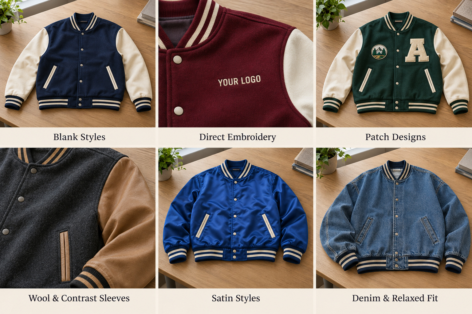 Custom varsity jacket styles with embroidery, patches, wool, satin and denim.