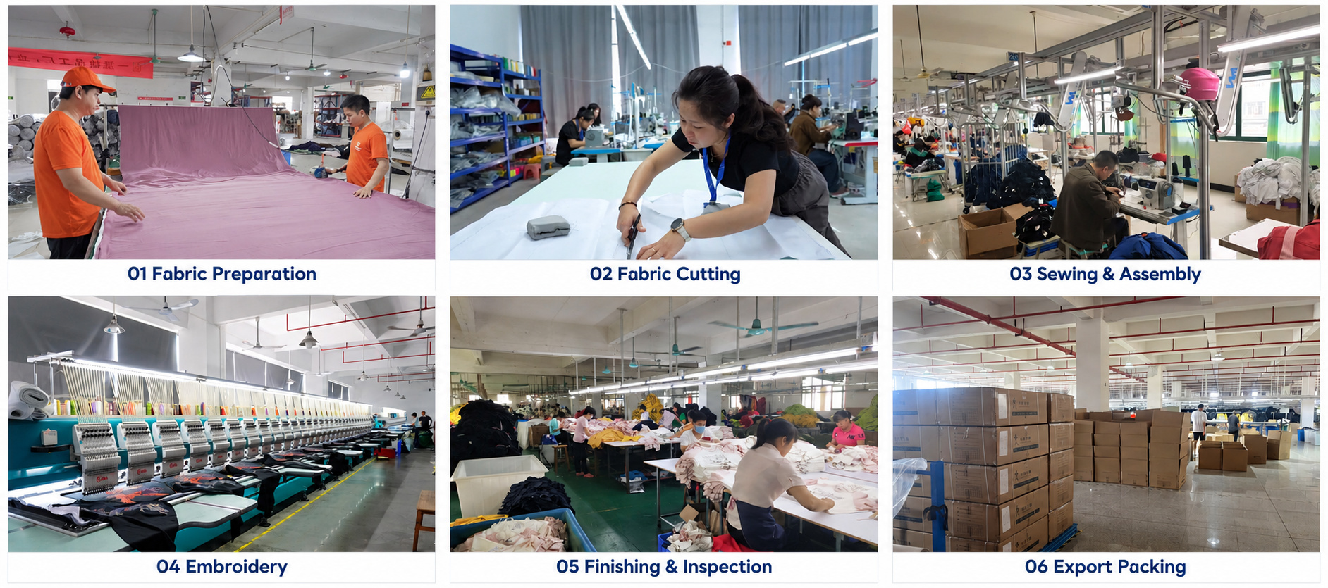 Garment fabric preparation, cutting, sewing, embroidery, inspection and export packing.