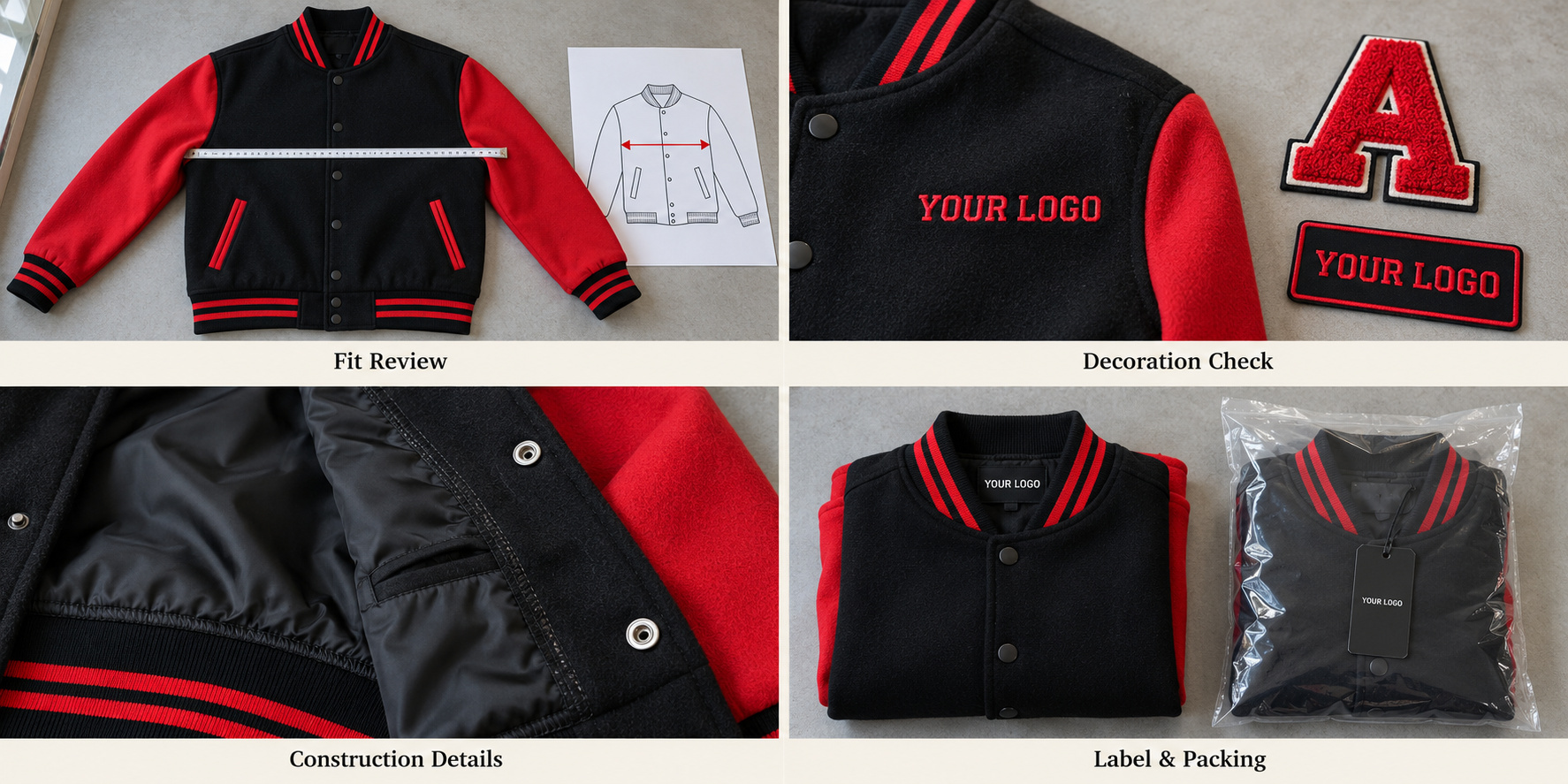 Navy and white varsity jacket measurements, patches, lining and packaging.
