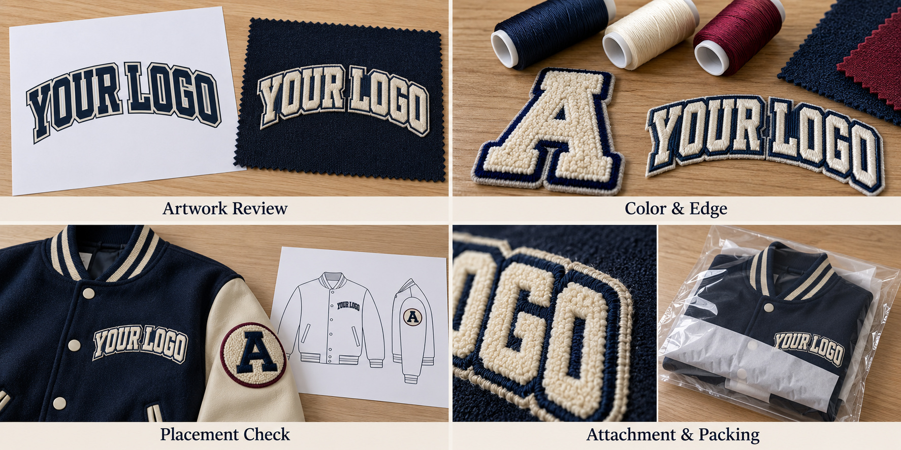 Navy varsity jacket artwork, patch edges, placement and protective packing.