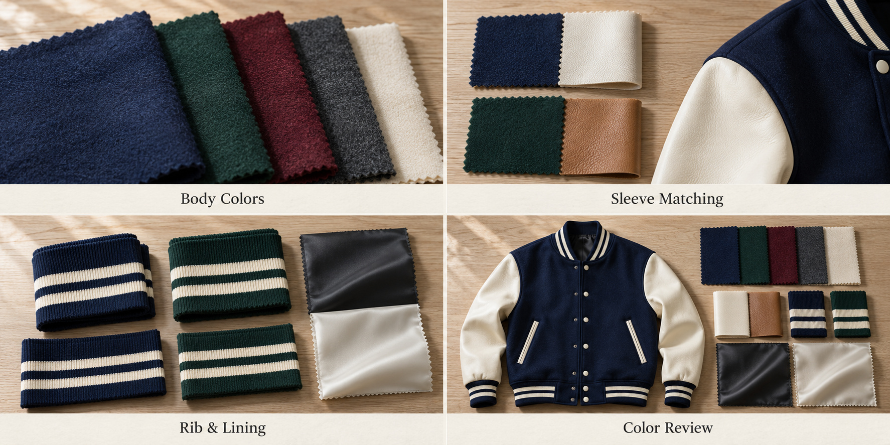 Navy varsity jacket body colors, sleeve materials, rib and lining samples.