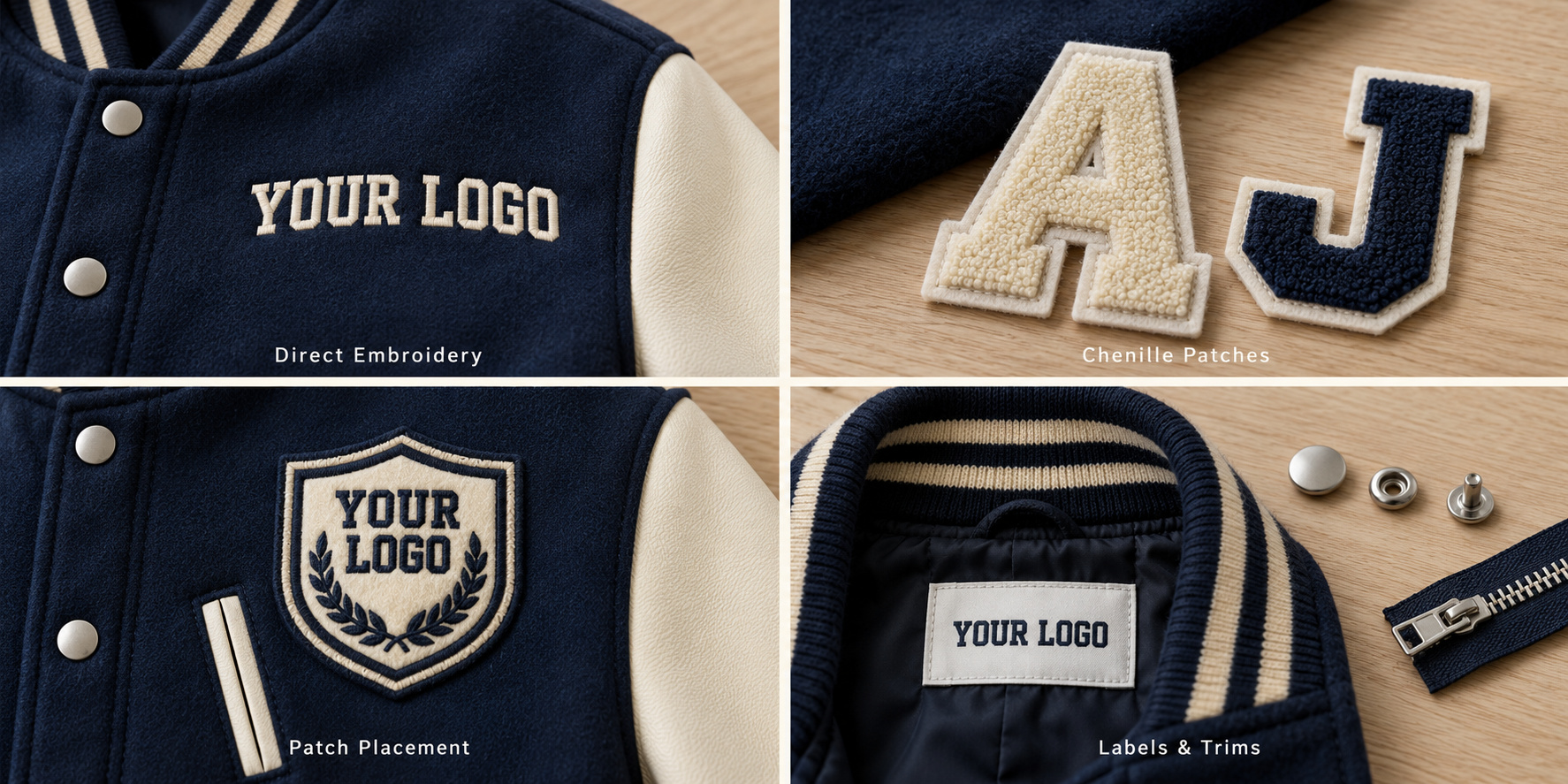 Navy varsity jacket embroidery, chenille patches, woven labels and snap buttons.
