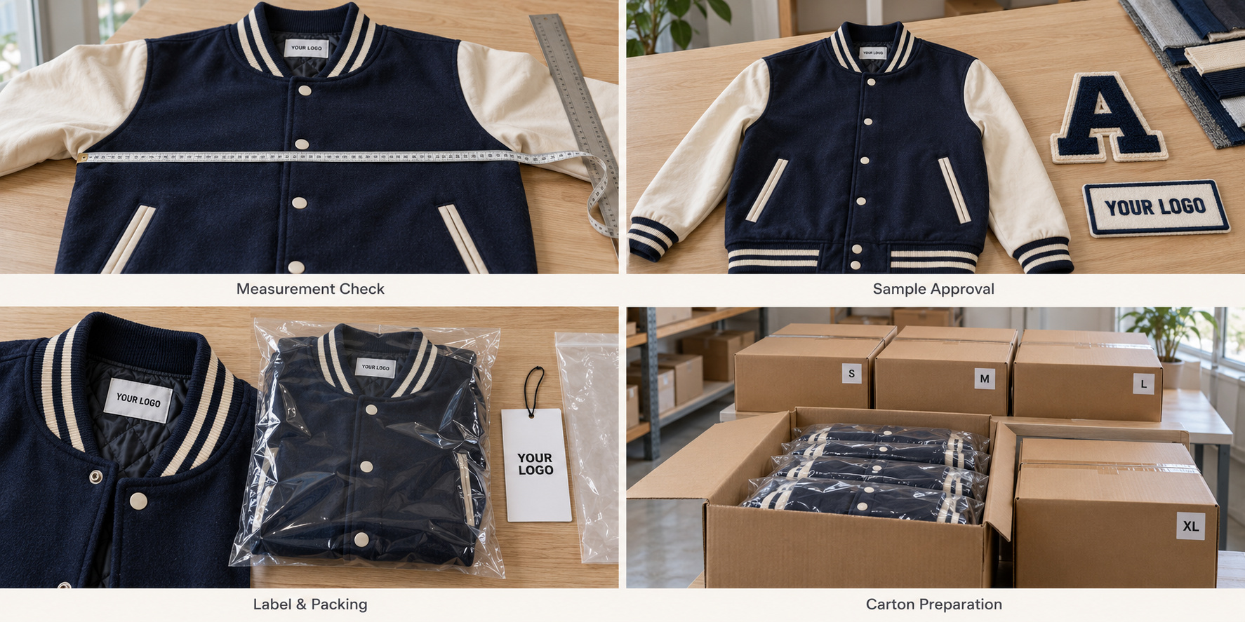 Navy varsity jacket measurement checks, sample review, labels and export packing.