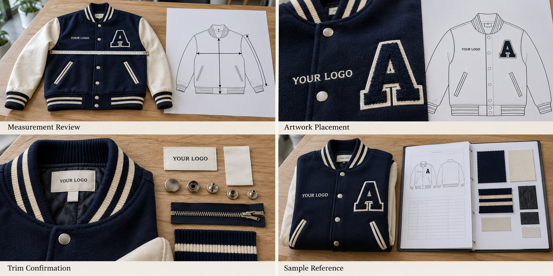 Navy varsity jacket measurements, artwork placement, trims and sample specifications.