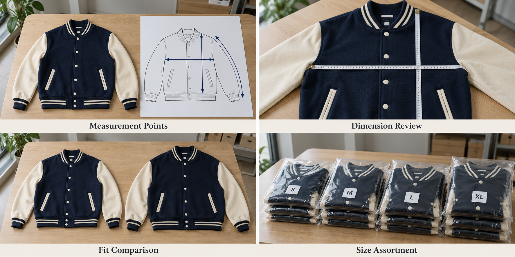Navy varsity jacket measurements, fit comparison and size-sorted packing.
