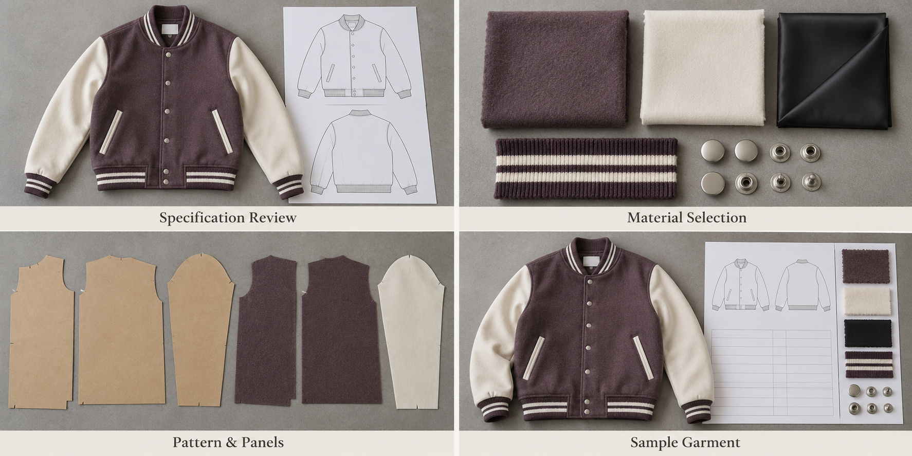 Plum varsity jacket sample development with drawings, materials and cut panels.