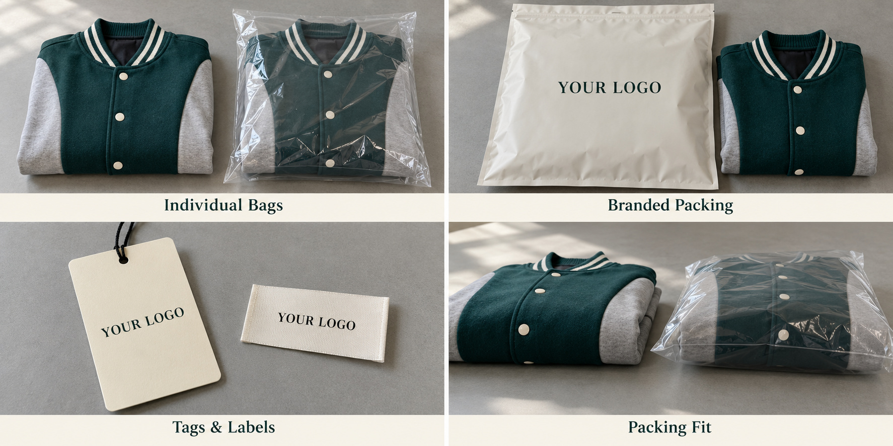 Teal varsity jacket bags, branded packaging, hangtags and packing fit.