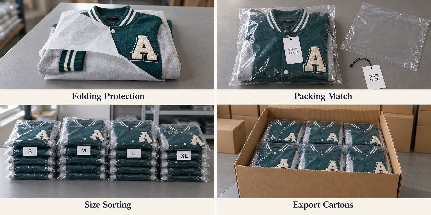 Teal varsity jacket folding protection, hangtags, size sorting and export cartons.