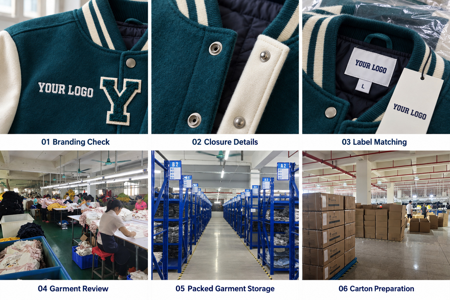 Varsity jacket branding, snap closures, labels, garment review and carton preparation.