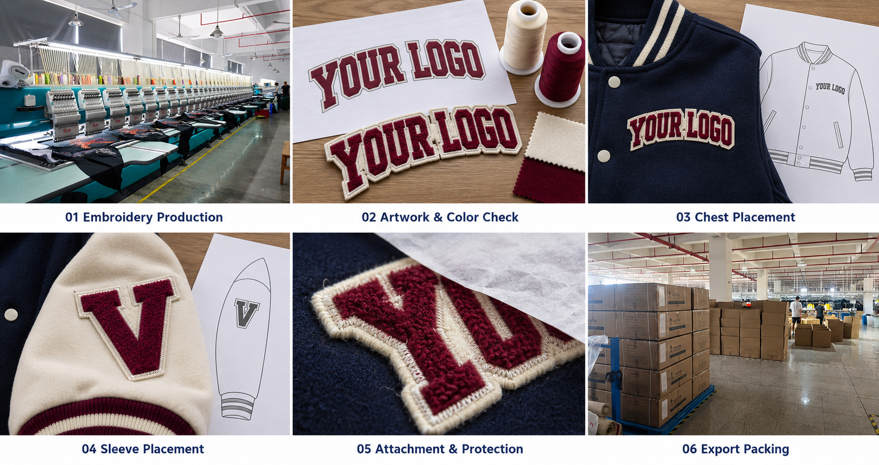 Varsity jacket embroidery, artwork checks, patch placement, attachment and packing.