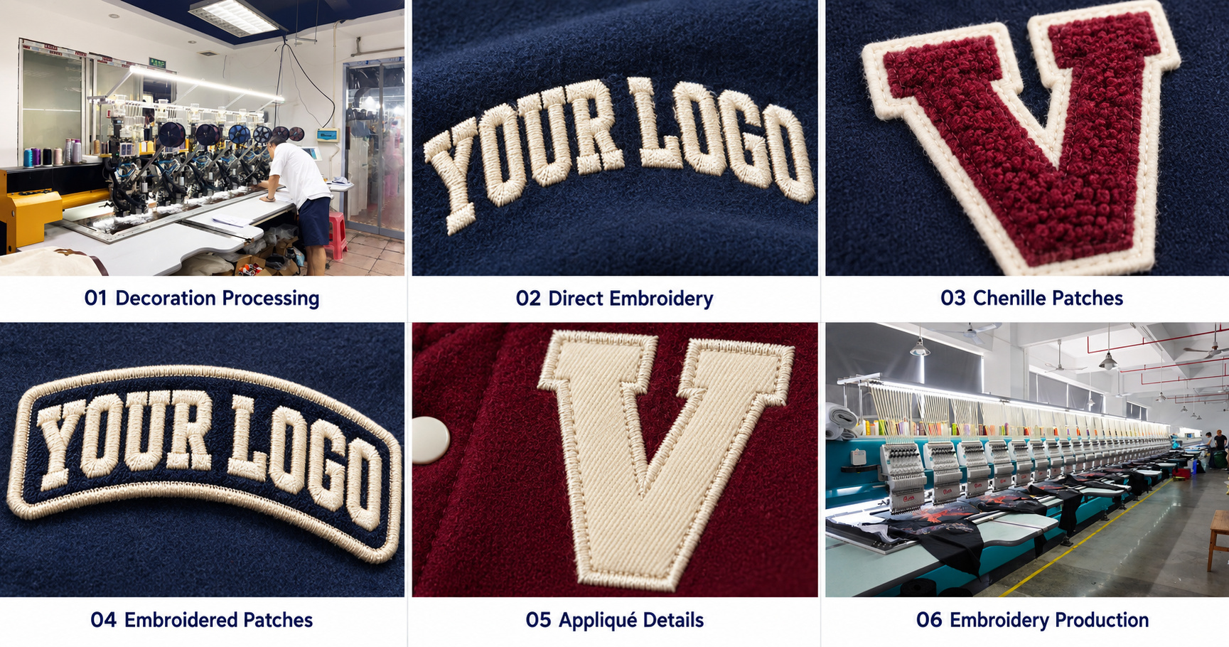 Varsity jacket embroidery production, chenille patches, embroidered patches and appliqué details.