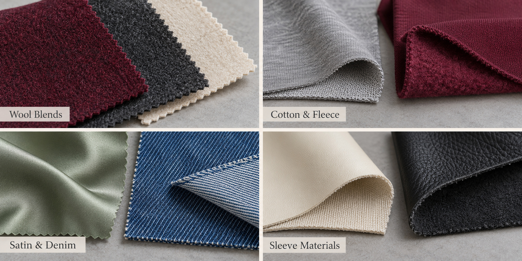 Varsity jacket fabric options with PU and genuine leather sleeve samples.