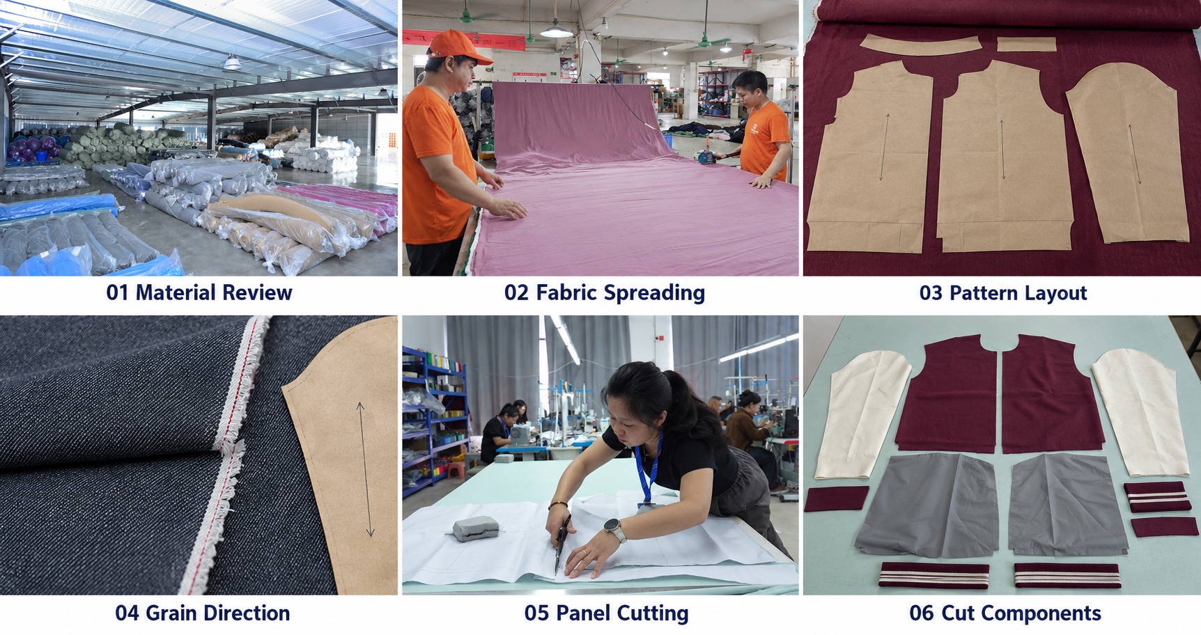 Varsity jacket fabric spreading, pattern layout, grain direction and panel cutting.
