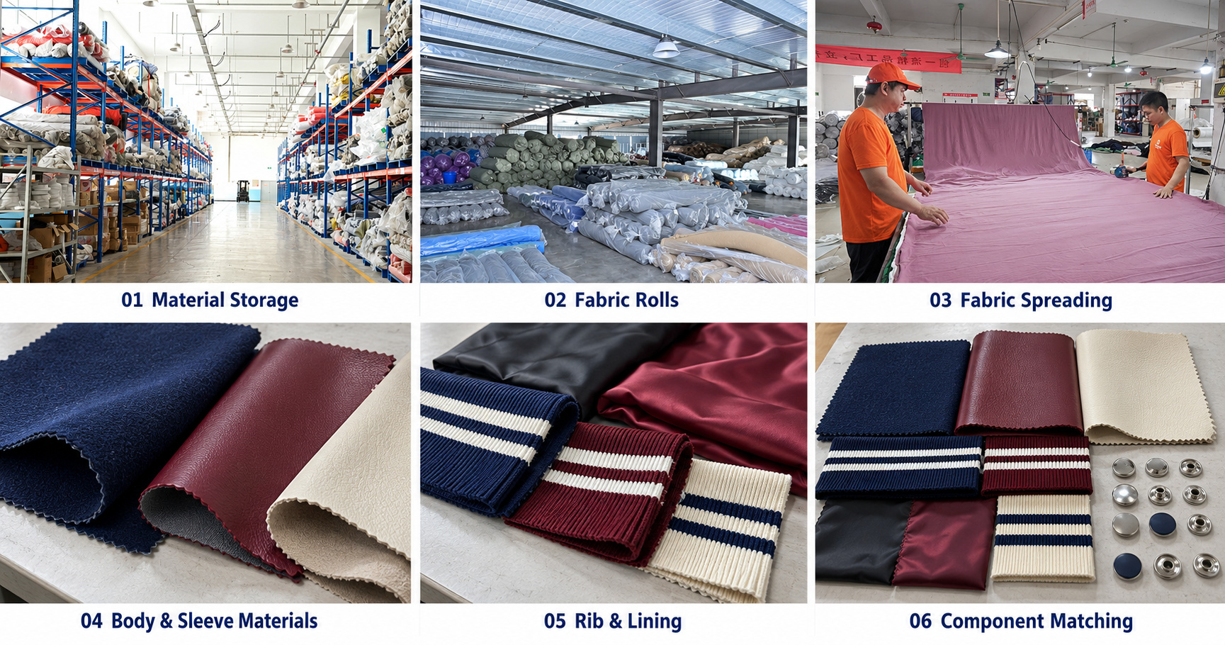 Varsity jacket fabric storage, spreading, material swatches, rib, lining and trims.
