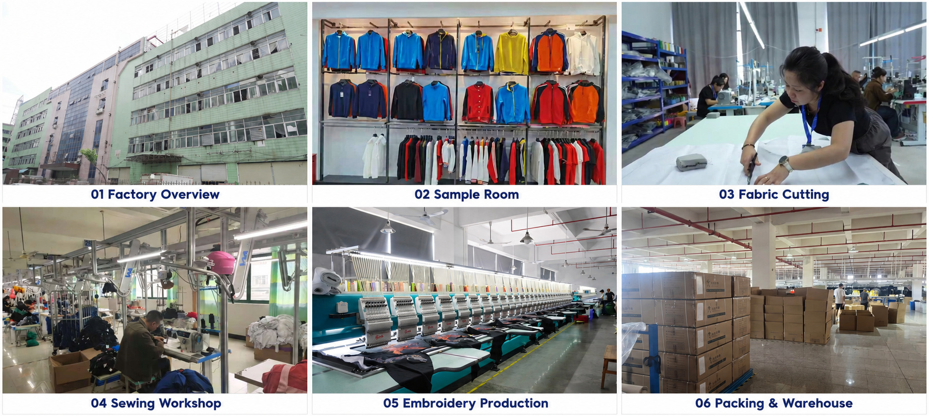 Varsity jacket factory, sample room, cutting, sewing, embroidery and packing areas.