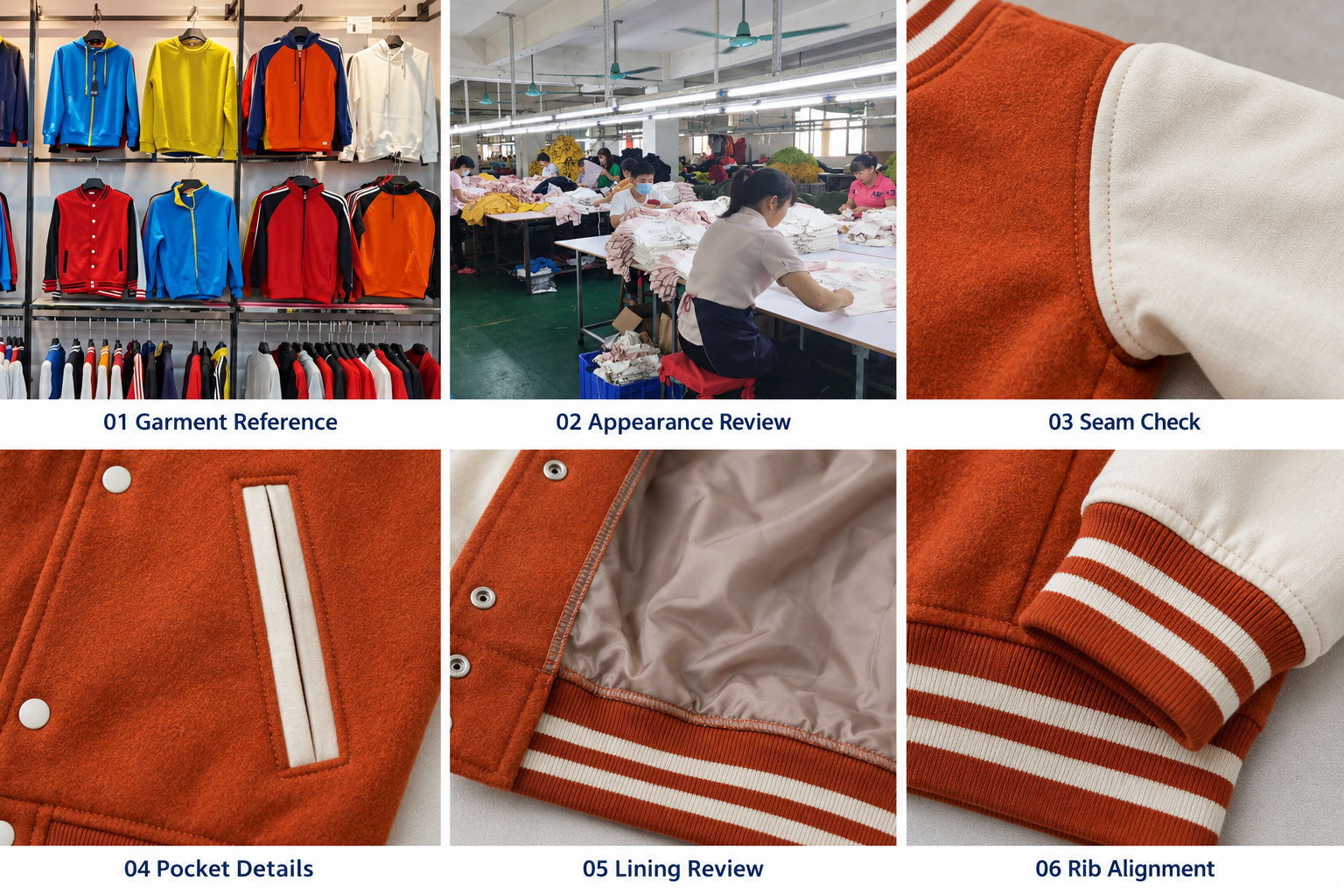 Varsity jacket final inspection showing seams, pockets, lining and rib alignment.