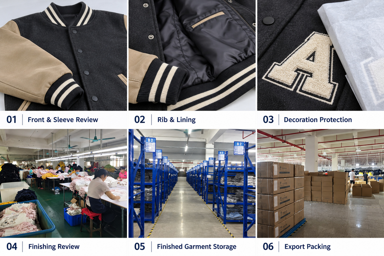 Varsity jacket finishing details, decoration protection, garment storage and export packing.