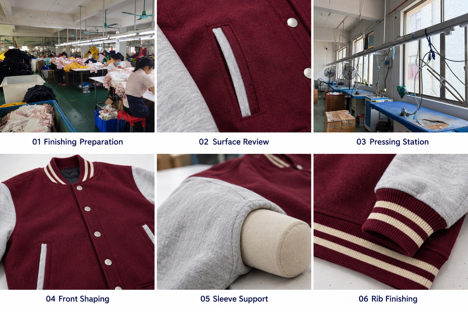 Varsity jacket finishing preparation, pressing station, sleeve shaping and rib details.