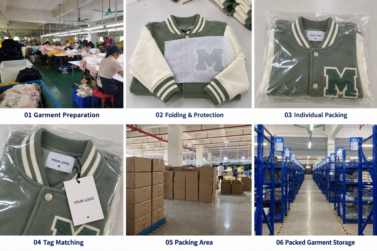 Varsity jacket folding protection, individual bags, hangtags, packing area and storage.