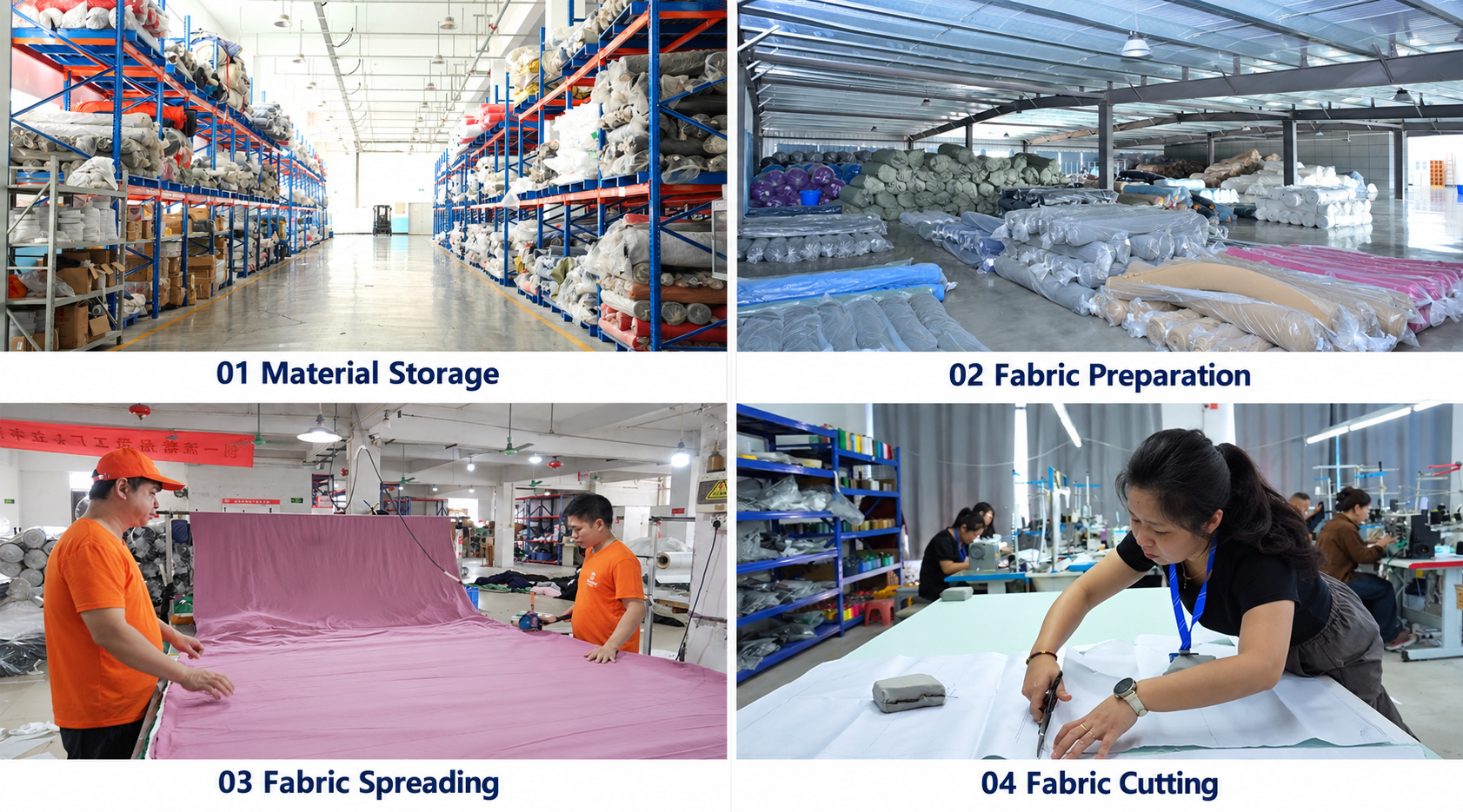 Varsity jacket material storage, fabric preparation, spreading and cutting.