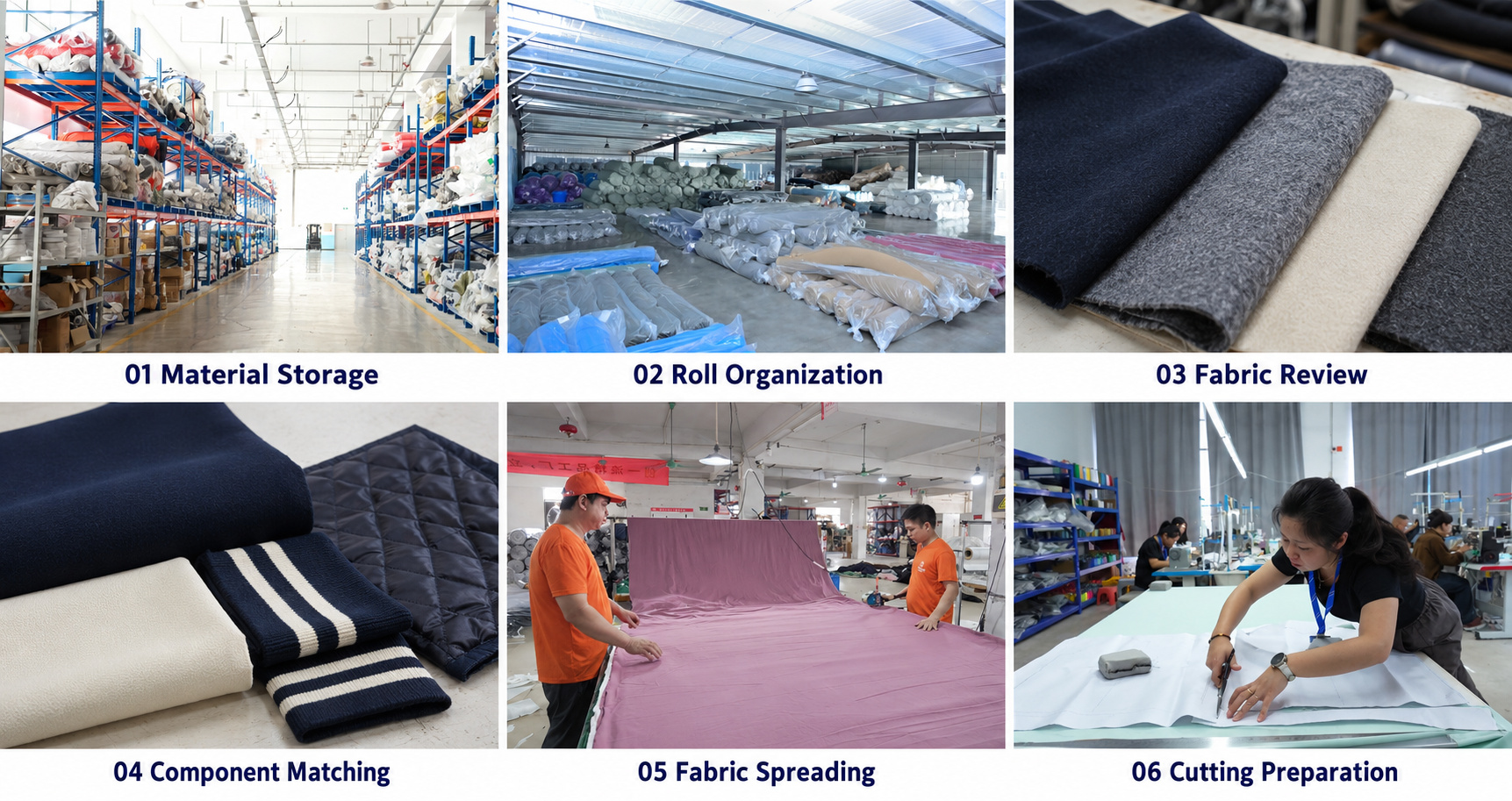 Varsity jacket material storage, fabric review, component matching and cutting preparation.
