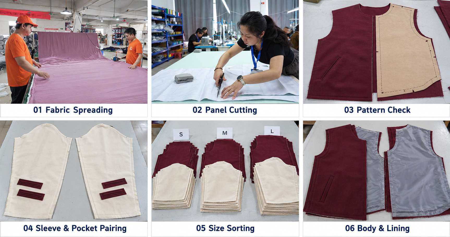 Varsity jacket panel cutting, pattern checks, sleeve pairing and size sorting.