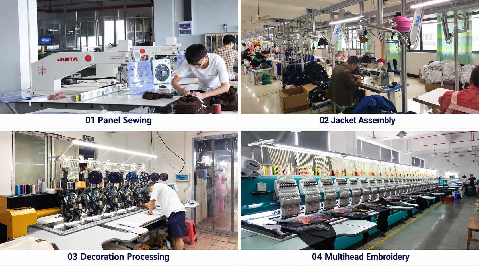 Varsity jacket panel sewing, assembly and embroidery production.