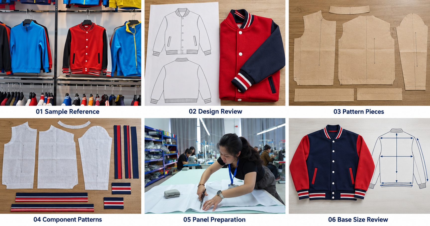 Varsity jacket sample references, technical drawings, patterns and base size review.