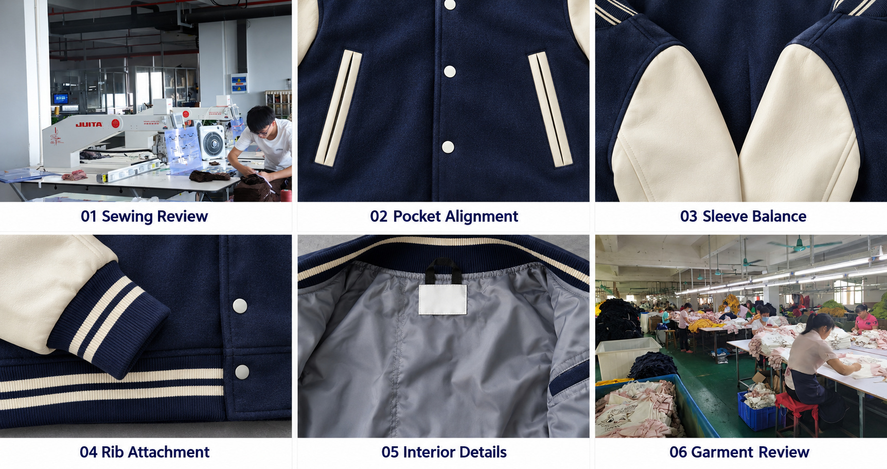 Varsity jacket sewing, pocket alignment, sleeve balance, rib attachment and lining details.