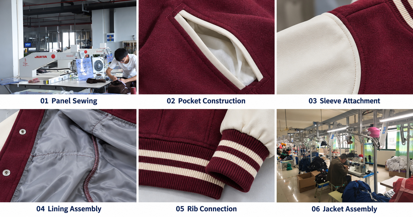 Varsity jacket sewing, pocket construction, sleeve attachment, lining and rib assembly.