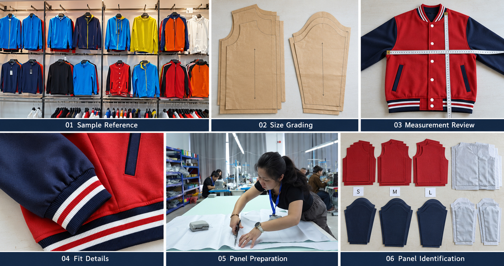 Varsity jacket size grading, sample measurements, rib details and sorted fabric panels.