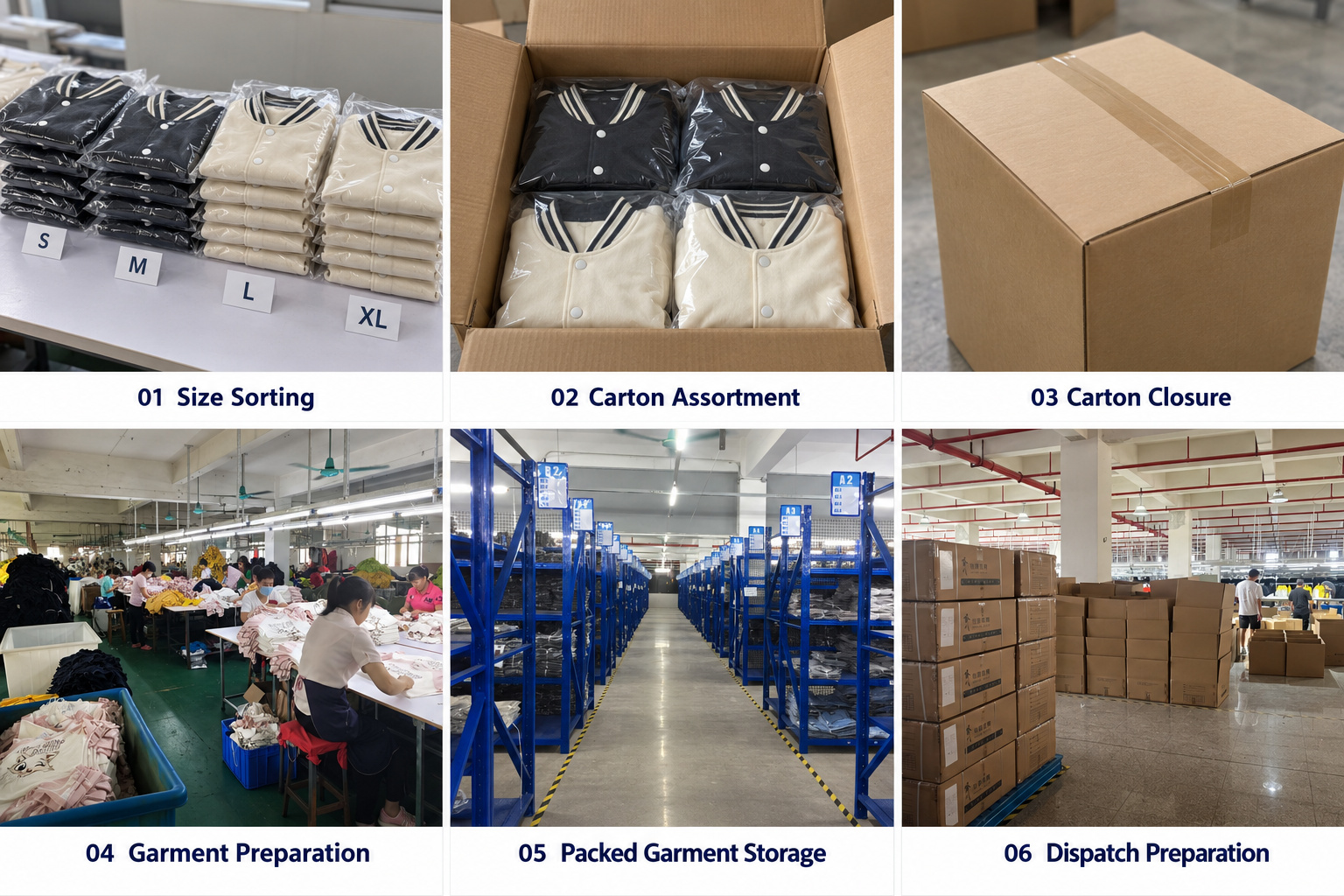 Varsity jacket size sorting, carton assortment, sealing, storage and dispatch preparation.