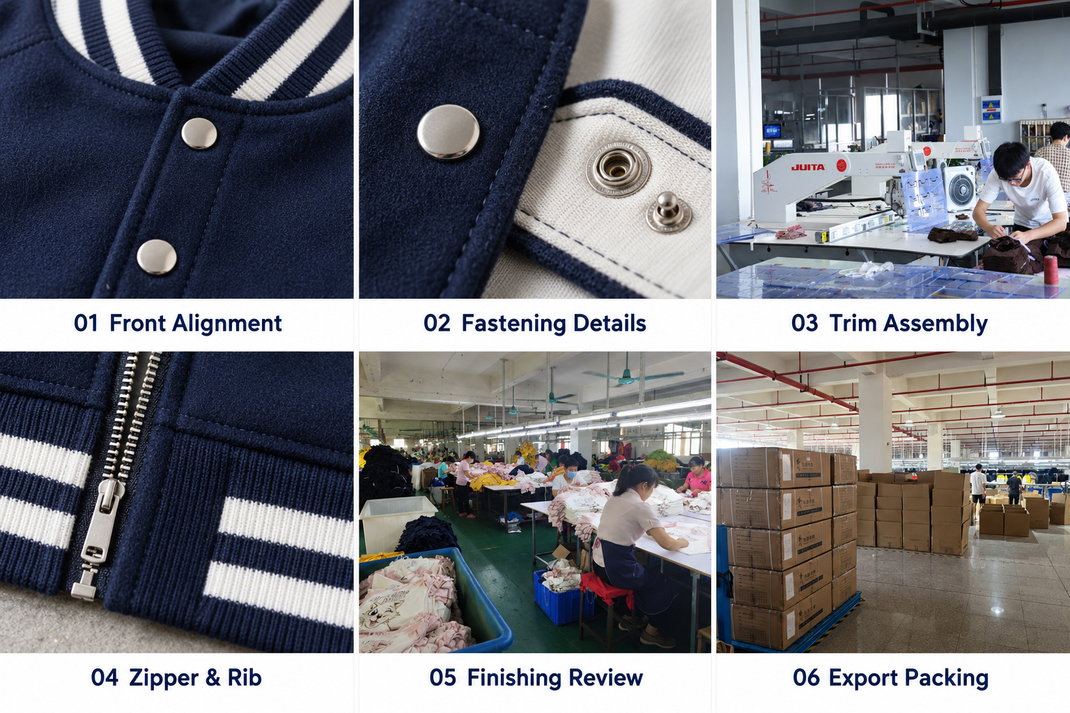 Varsity jacket snap alignment, fastening details, trim assembly and export packing.
