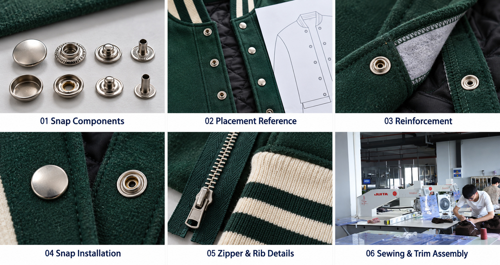 Varsity jacket snap components, placement, reinforcement, zipper and rib details.