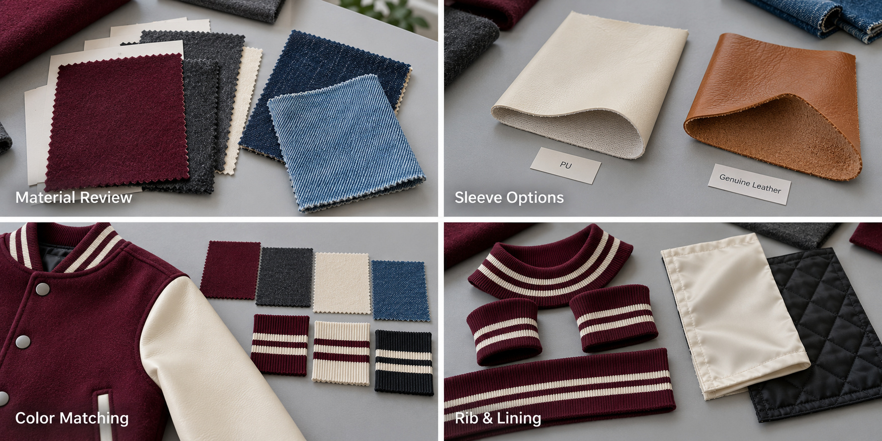 Varsity jacket wool-blend, denim, leather, rib and lining options.